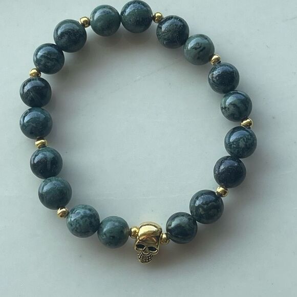 Kambaba skull crystal stone ONE NEW stretch bracelet green black handmade medita - Picture 9 of 9